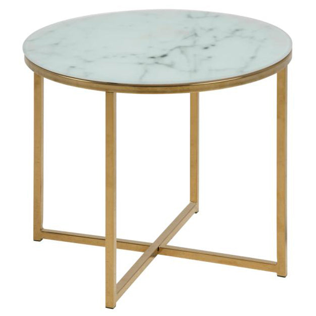 Alisma Round Side Table In White Glass Marble With Gold Metal Base 50cm