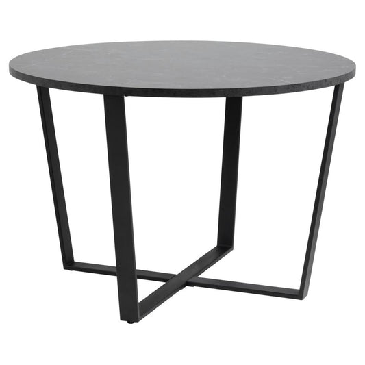 Amble Round Dining Table With A Black Melamine 110cm Marble Print Top And A Black Metal Base