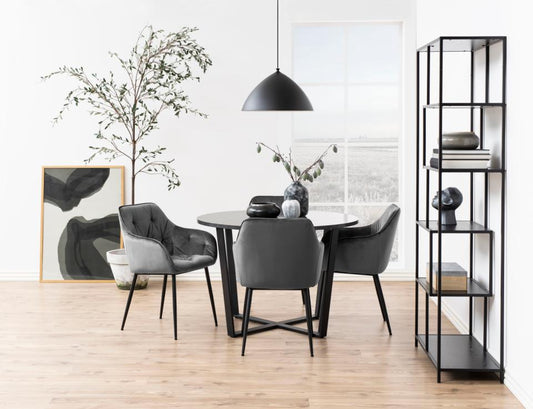 Amble Round Dining Table With A Black Melamine 110cm Marble Print Top And A Black Metal Base