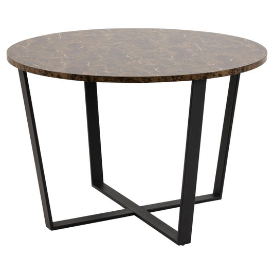 A round brown dining table with a melamine marble print top and a black metal solid base.