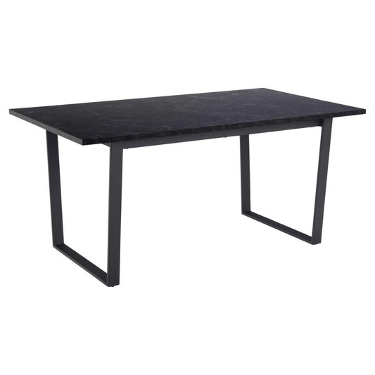 Rectangular dining table with black marble print top and black metal legs, measuring 160x90 cm.