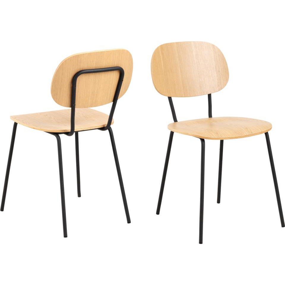 Amira Oak Dining Chair, Curved Wood Metal Legs Set Of 2
