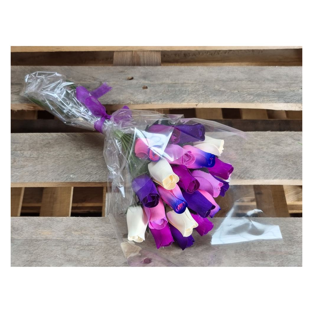 Bouquet Of 24 Mixed Purple Wooden Roses - Amethyst