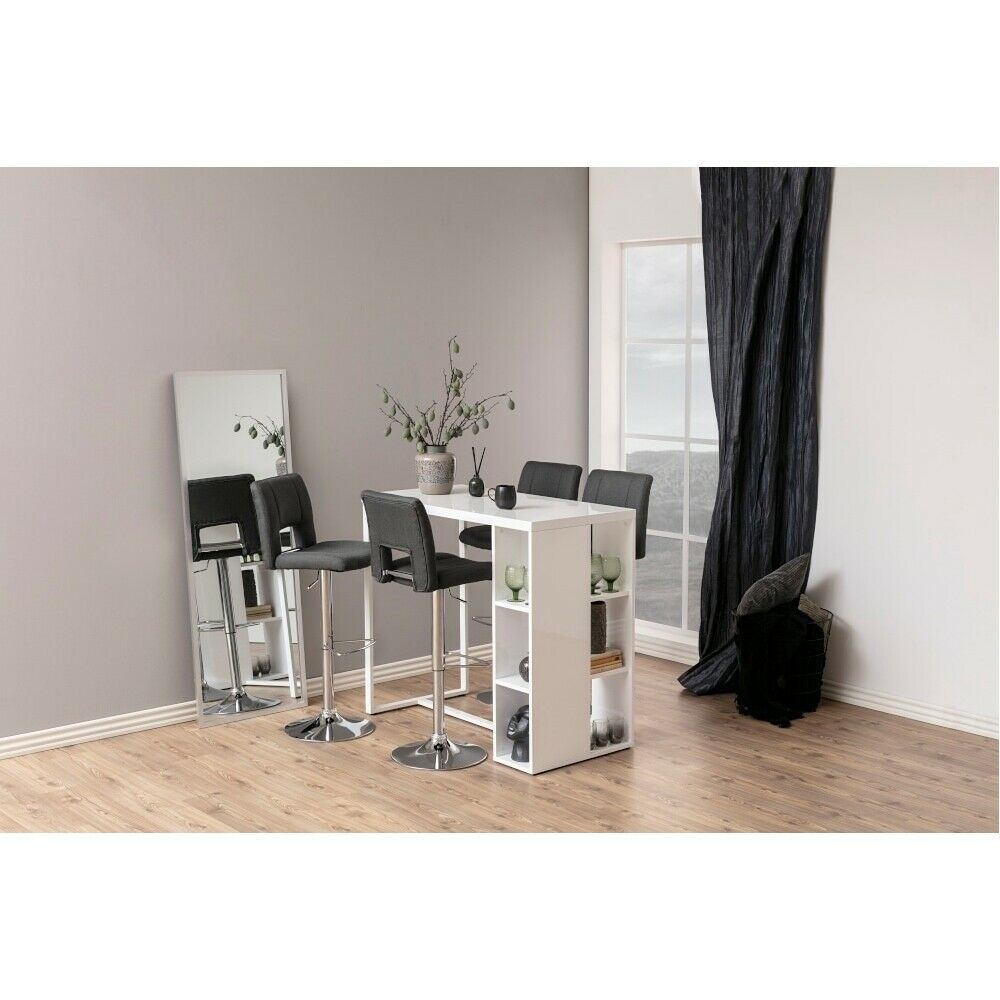 Avocet White High Gloss Bar Table With Shelves Storage, Home Bar Breakfast Table 120x105x60 cm