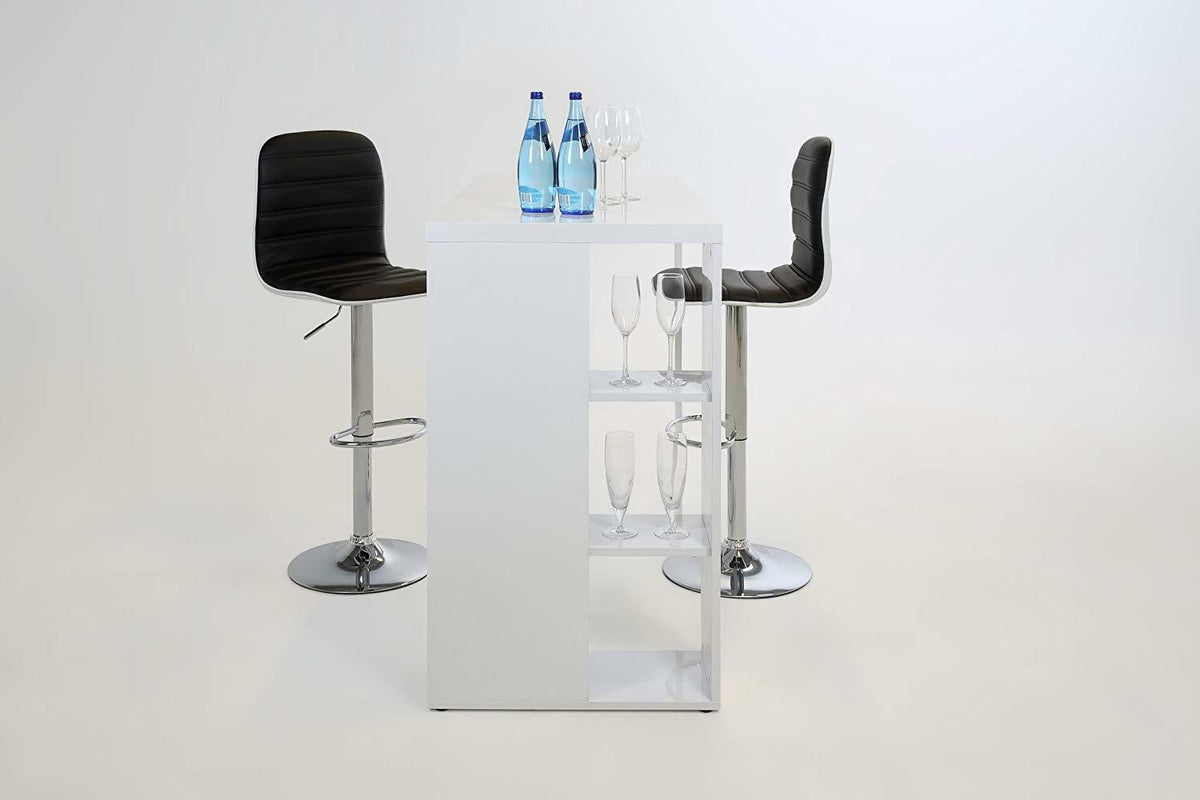 Avocet White High Gloss Bar Table With Shelves Storage, Home Bar Breakfast Table 120x105x60 cm