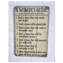 Load image into Gallery viewer, Large Wooden Home Gift Sign, A Woman&#39;s Guide To Love And Relationships 45x30cm
