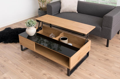 Azalea Versatile Storage Coffee Table With Lift Function In Stylish Paper Wild Oak And Black Glass