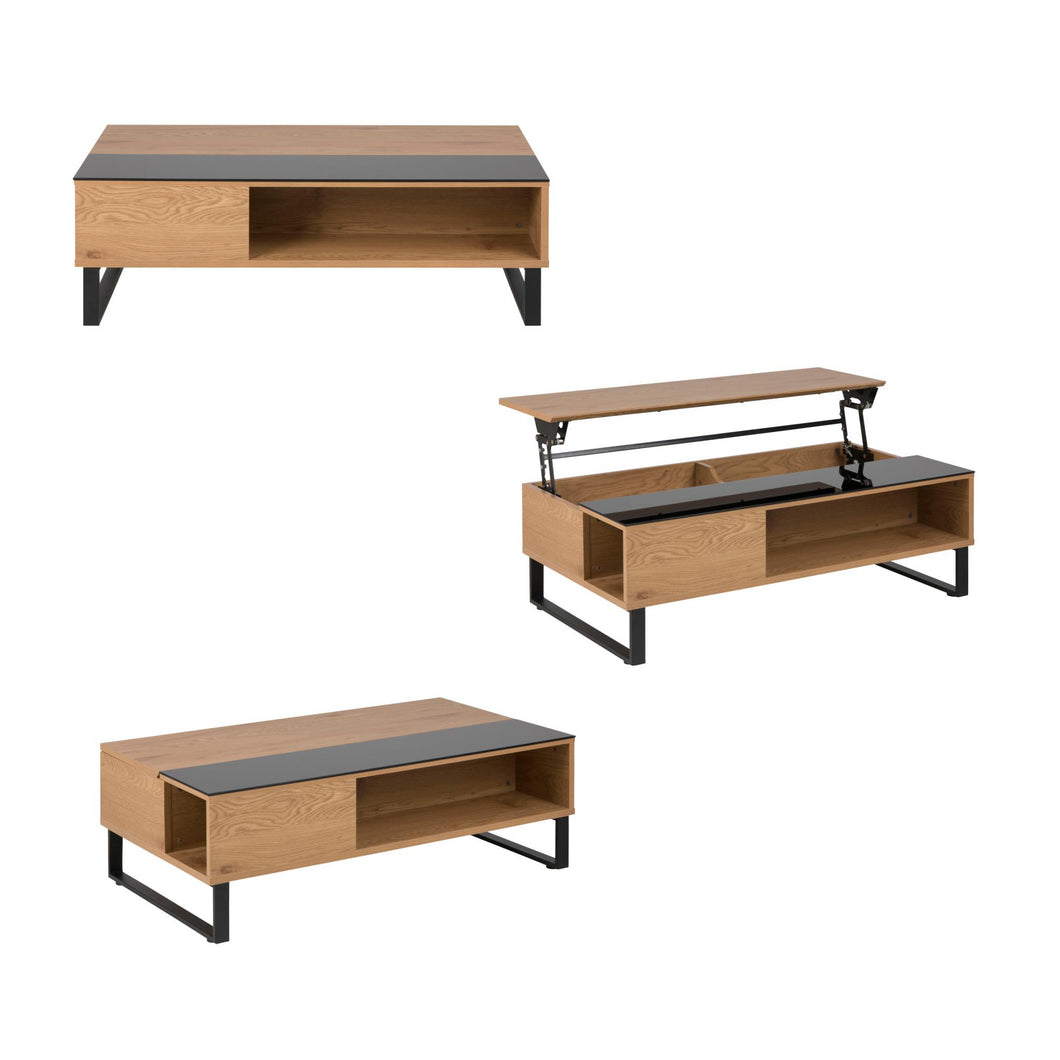 Azalea Versatile Storage Coffee Table With Lift Function In Stylish Paper Wild Oak And Black Glass