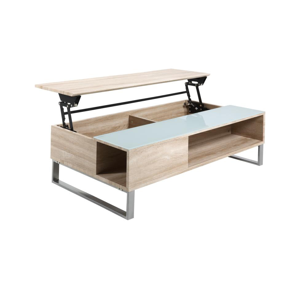 Azalea Storage Coffee Table With Lift Function In Stylish Sonoma Oak And White Glass