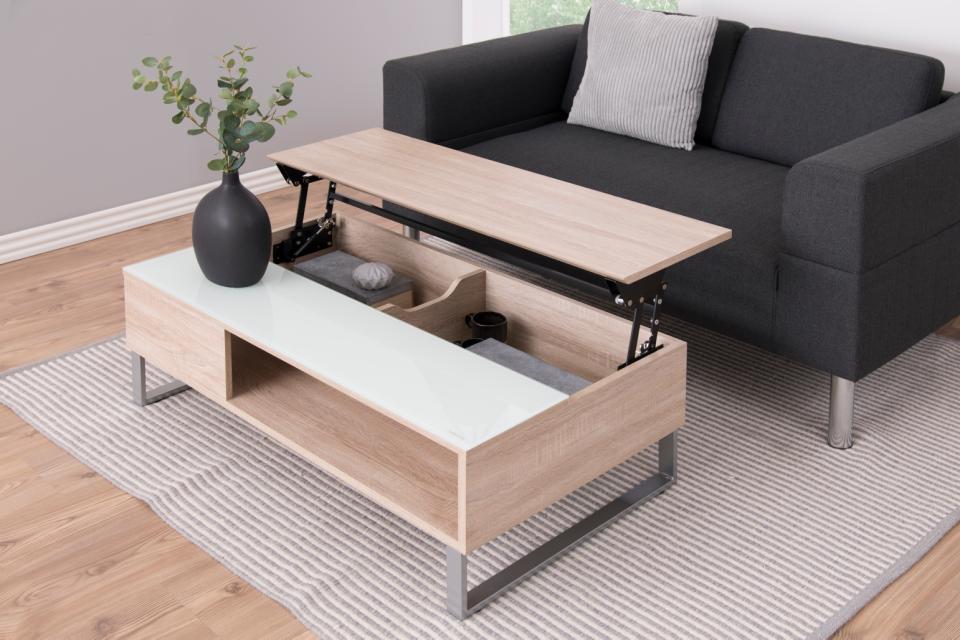 Azalea Storage Coffee Table With Lift Function In Stylish Sonoma Oak And White Glass