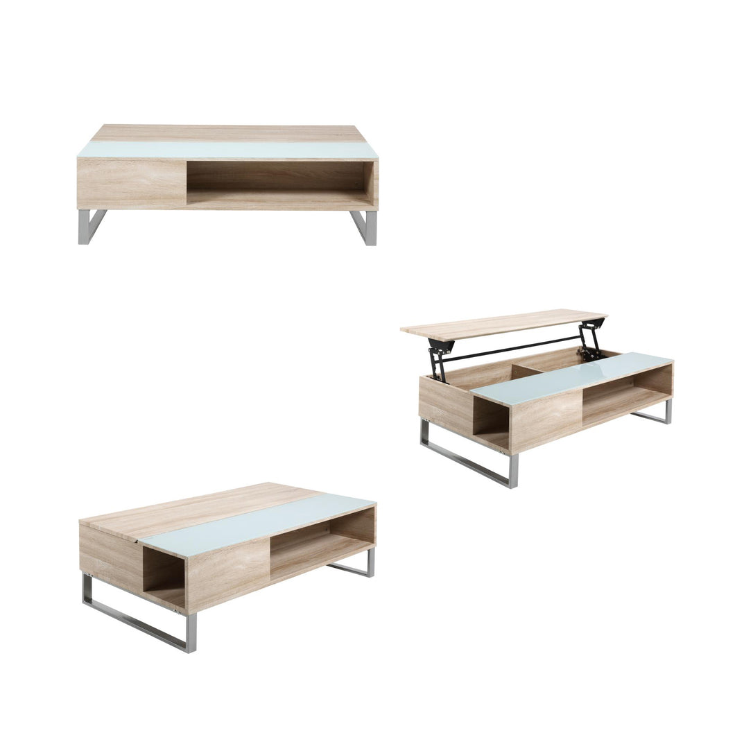 Azalea Storage Coffee Table With Lift Function In Stylish Sonoma Oak And White Glass