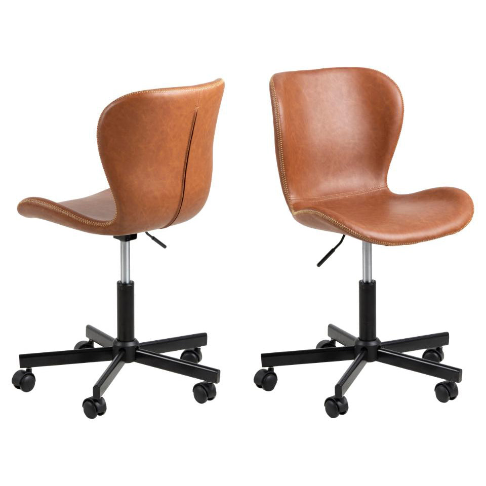 High Quality Batilda Office Desk Chair With Castors, Stitched Leather Look And Gas Lift, Retro Brandy Design
