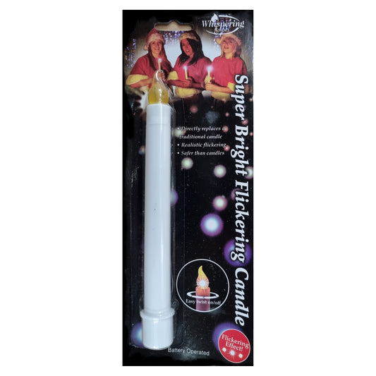 A battery-operated flickering candle with a wax tip, packaged in a cardboard-backed plastic container, featuring a lit flame on the candle and a festive Halloween or Christmas-themed backdrop in the packaging.