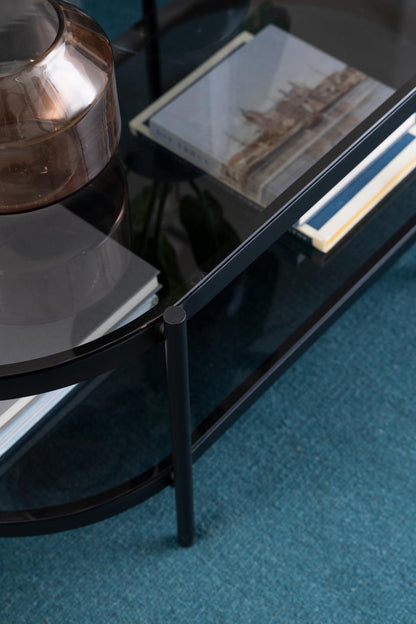 Bayonne Oval Coffee Table With Smoke Tempered Glass And Metal Base 95cm