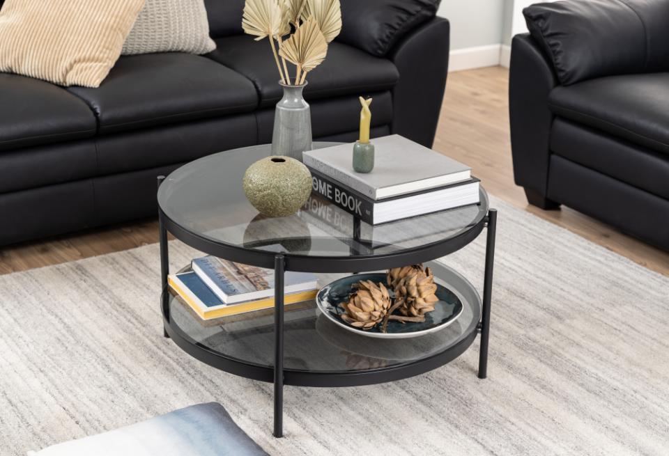 Bayonne Large Round Coffee Table With Glass Shelf Solid Metal Base 79cm