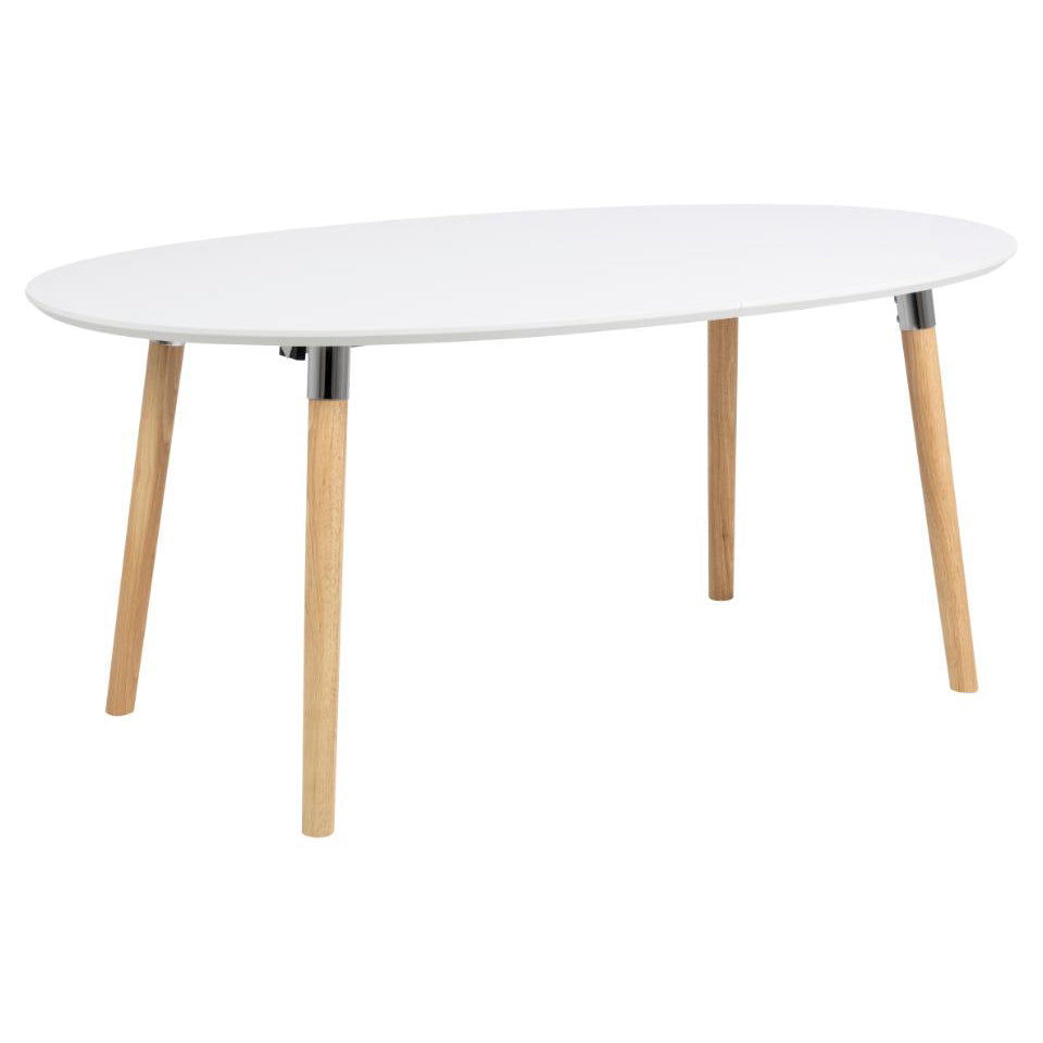 A white oval dining table with lacquered wooden legs, extended to seat 6 to 10 people.