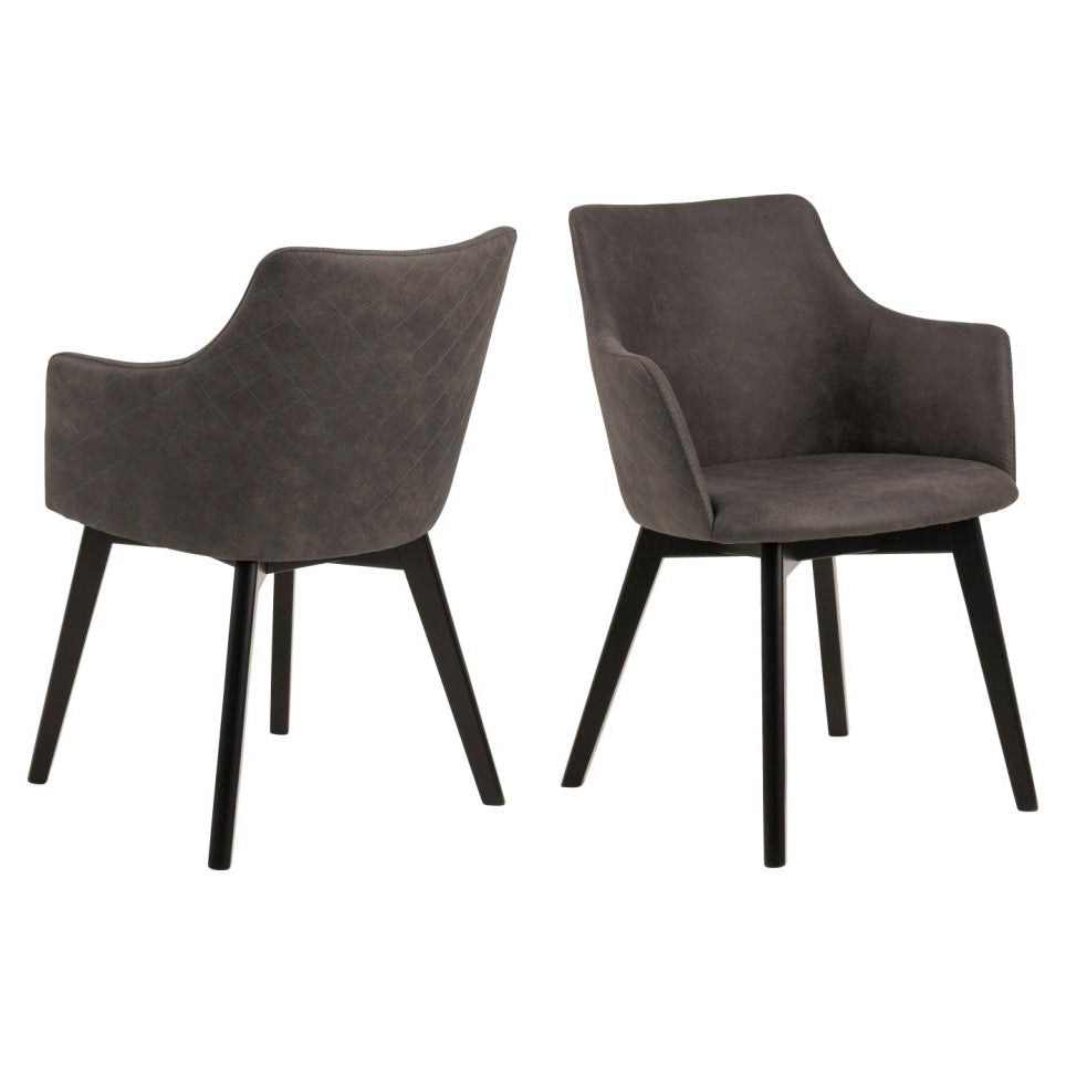 Bella Dining Chair With Comfort Armrests And Metal Base, Stitched Grey Fabric Designer Set Of 2