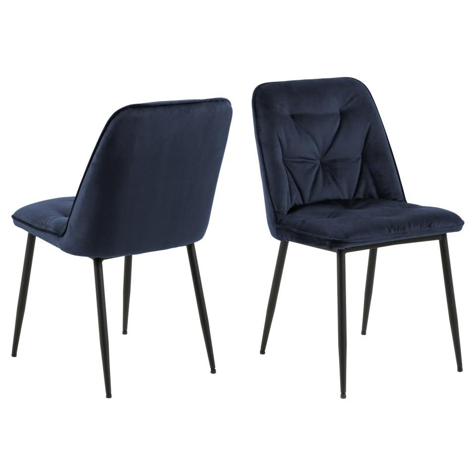 Brooke Fabric Dining Chair In Blue With Stylish Black Legs And Tufting, Set Of 2 Chairs