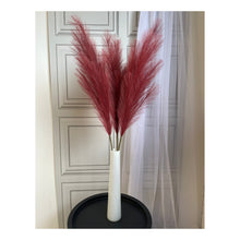Load image into Gallery viewer, 3 stems of burgundy artificial pampas grass in a white cylinder glass vase by Homestreet
