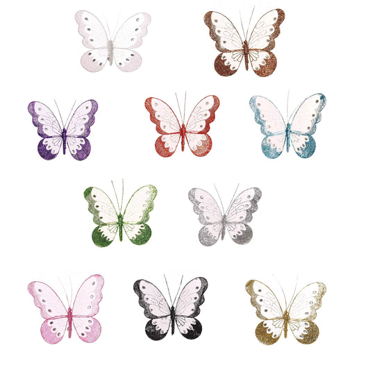 Medium Nylon Glitter Diamante Butterfly Decoration With Metal Clip On Reverse In Various Colours 18cm