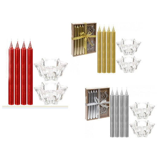 Candle Set Gift Pack, Set Of 4 Candles With 2 Glass Holders In Red Silver Or Gold