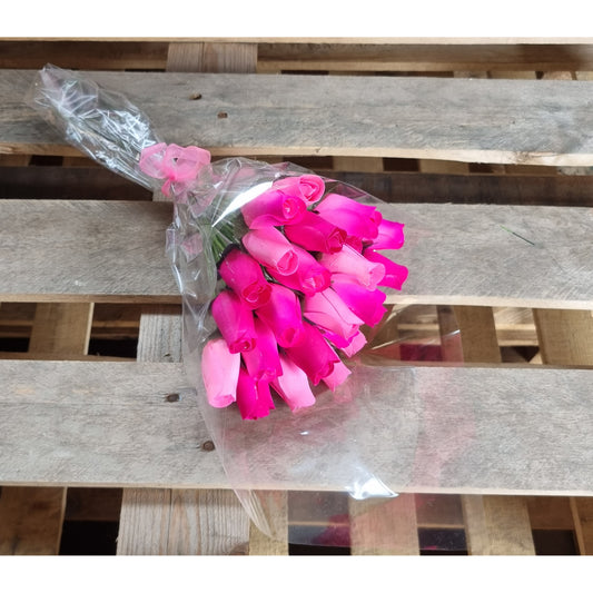 Bouquet Of 24 Mixed Pink & Cerise Wooden Roses - Candy Pink
