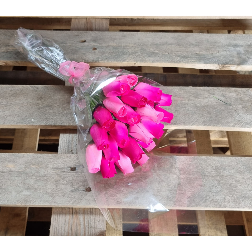 Bouquet Of 24 Mixed Pink & Cerise Wooden Roses - Candy Pink
