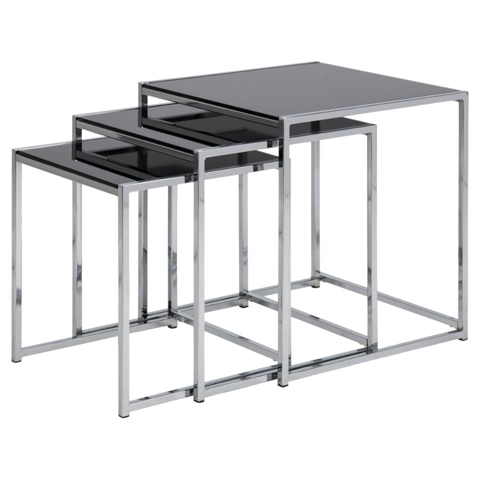 Cross Nest Of Tables In Stylish Black Glass With A Modern Chrome Mirror Base 50x50x55cm