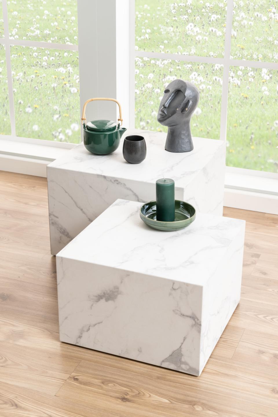 Dice Double Designer Coffee Table Set In White Marble 2 Pieces 58cm