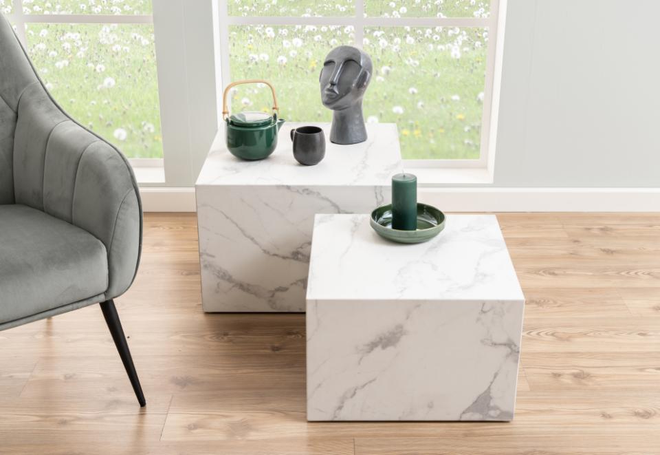 Dice Double Designer Coffee Table Set In White Marble 2 Pieces 58cm