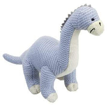 Load image into Gallery viewer, Smiling Knitted Dinosaur Soft Toy In Baby Blue or Green 30cm Plush Cute Brontosaurus Shape Dino with Embroidered Face
