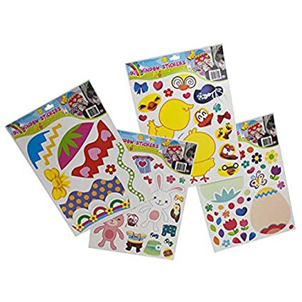 Assorted colorful Easter-themed window sticker designs featuring bunny, egg, and flower motifs.