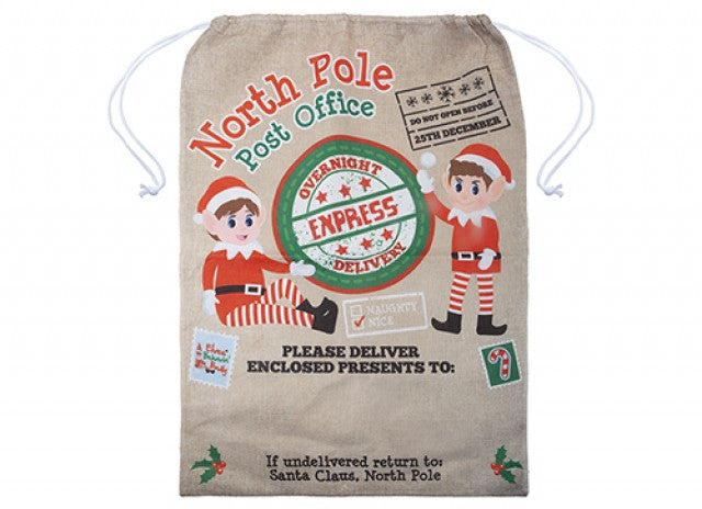 Luxury Jute Drawstring Christmas Sack - Overnight Express Delivery from the North Pole With Elf Print Gift Ornaments