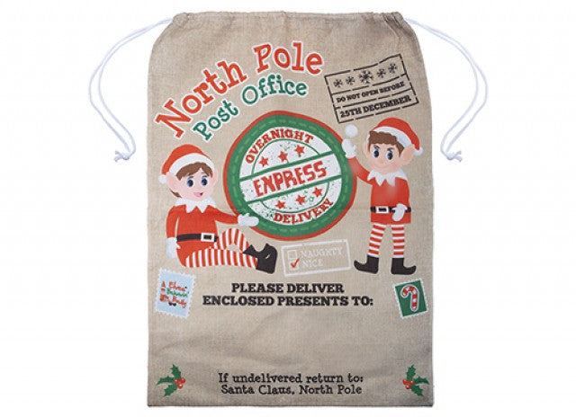 Luxury Jute Drawstring Christmas Sack - Overnight Express Delivery from the North Pole With Elf Print