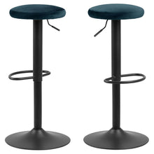 Load image into Gallery viewer, 2 x Finch Blue Velvet Fabric Top Bar Stools With A Black Metal Base, Foot Rest And Gas Lift
