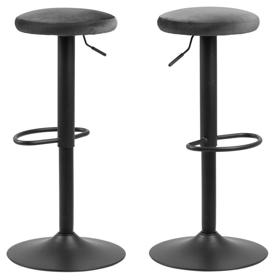 2 x Finch Dark Grey Velvet Fabric Top Bar Stools With A Black Powder Coated Base, Trumpet Foot Rest And Gas Lift Function
