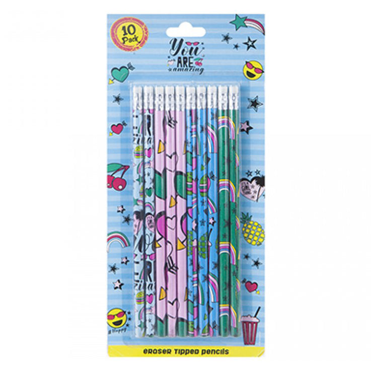 Stay Awesome Design Set Of 10 Eraser Tipped Pencils
