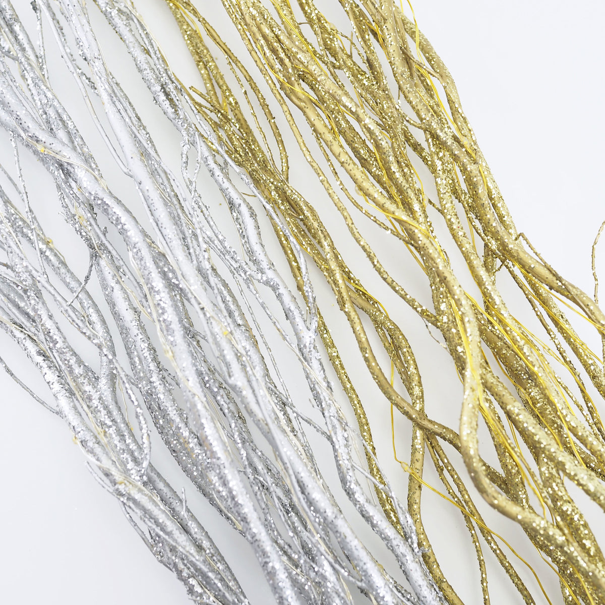 a close up of the silver and gold willow twig lights showing that they are very glittery