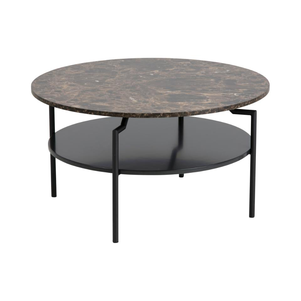 Goldington Coffee Table Round With Brown Marble Top, Black Shelf And Metal Base 80cm