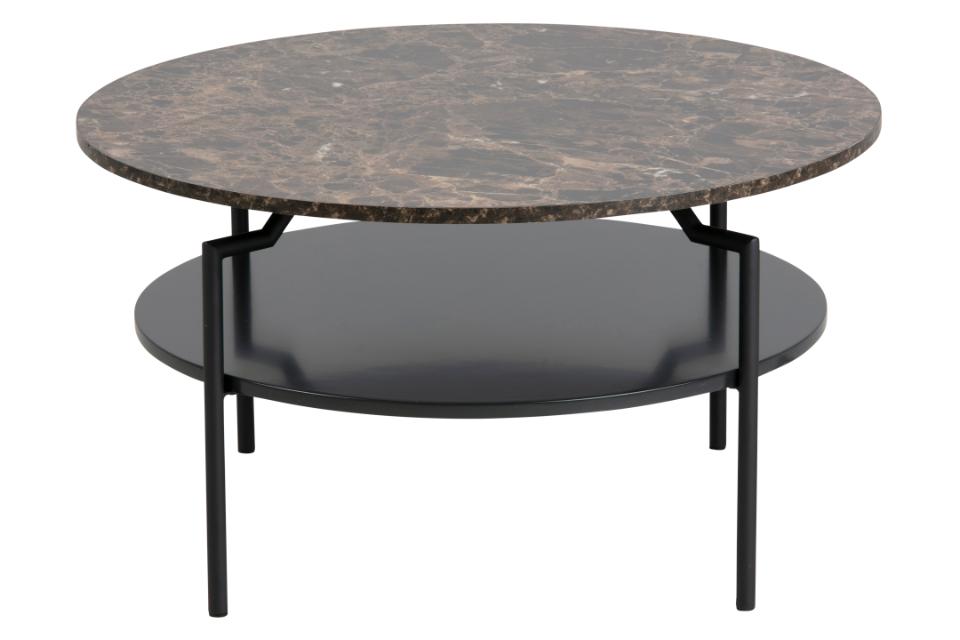 Goldington Coffee Table Round With Brown Marble Top, Black Shelf And Metal Base 80cm
