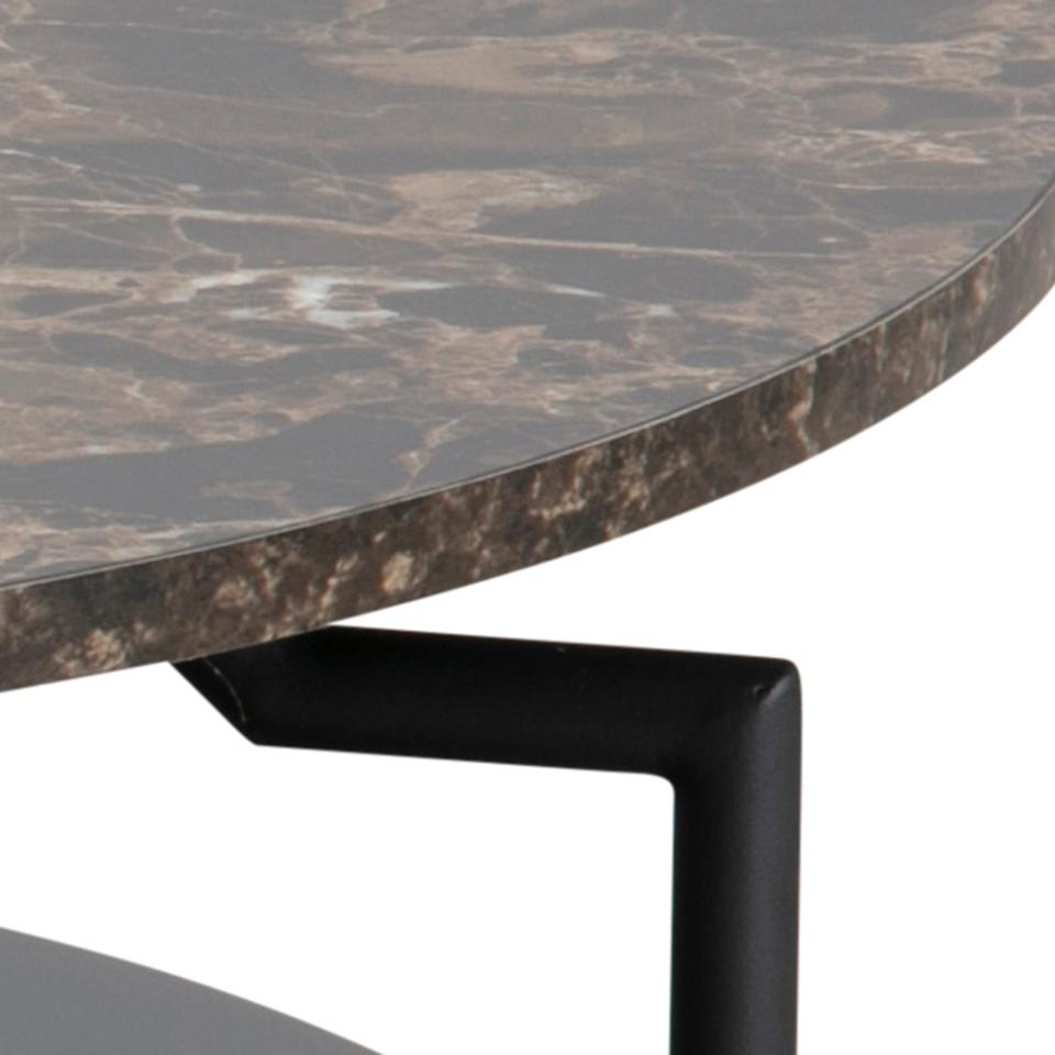 Goldington Coffee Table Round With Brown Marble Top, Black Shelf And Metal Base 80cm