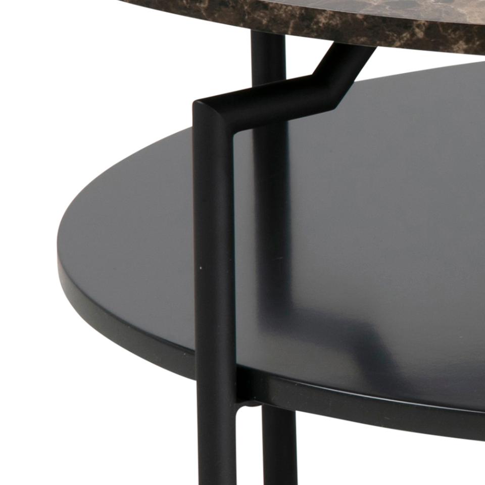 Goldington Coffee Table Round With Brown Marble Top, Black Shelf And Metal Base 80cm