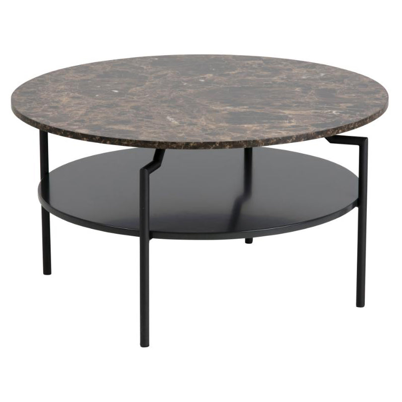 Goldington Coffee Table Round With Brown Marble Top, Black Shelf And Metal Base 80cm