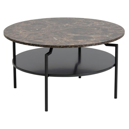 Goldington Coffee Table Round With Brown Marble Top, Black Shelf And Metal Base 80cm