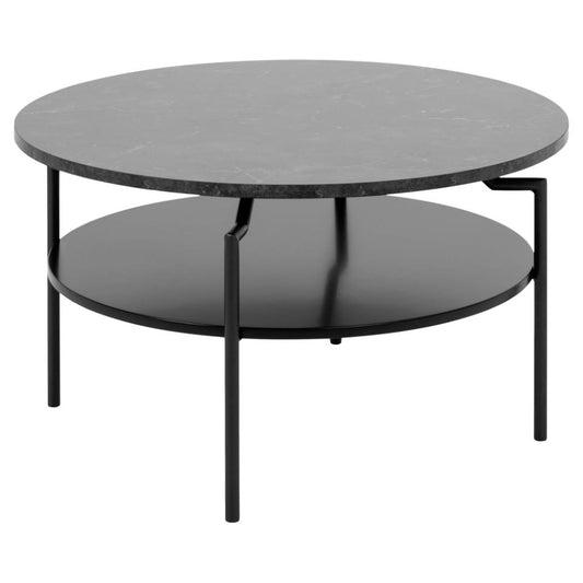 A round coffee table with a black marble top and a black metal base, featuring a lower shelf.