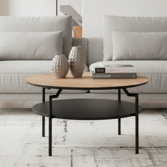 Goldington Coffee Table Round With Oak Top, Black Shelf And Metal Base 80cm
