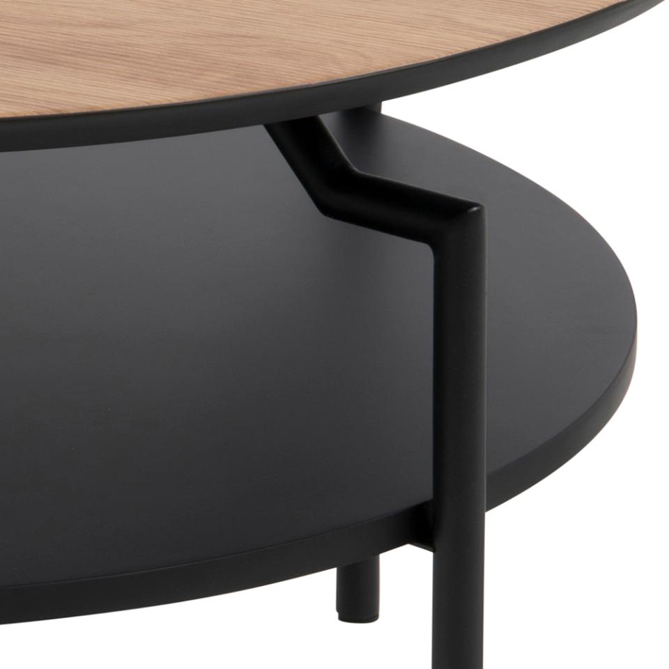 Goldington Coffee Table Round With Oak Top, Black Shelf And Metal Base 80cm