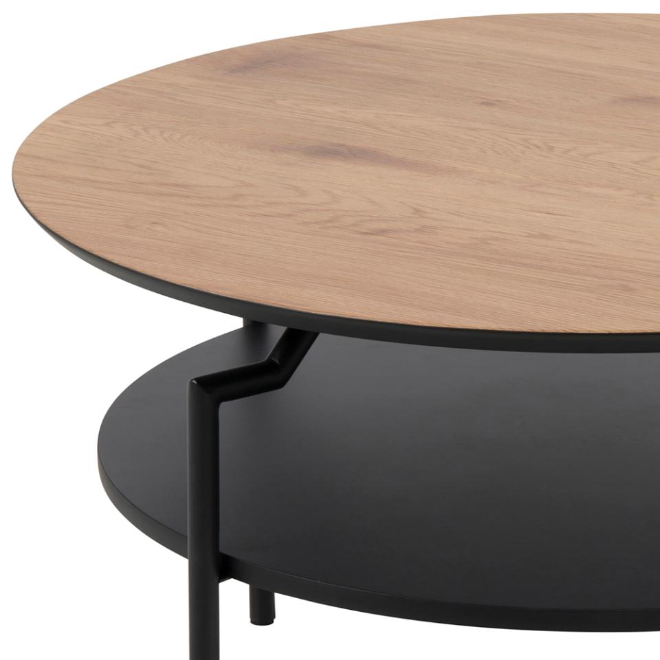 Goldington Coffee Table Round With Oak Top, Black Shelf And Metal Base 80cm