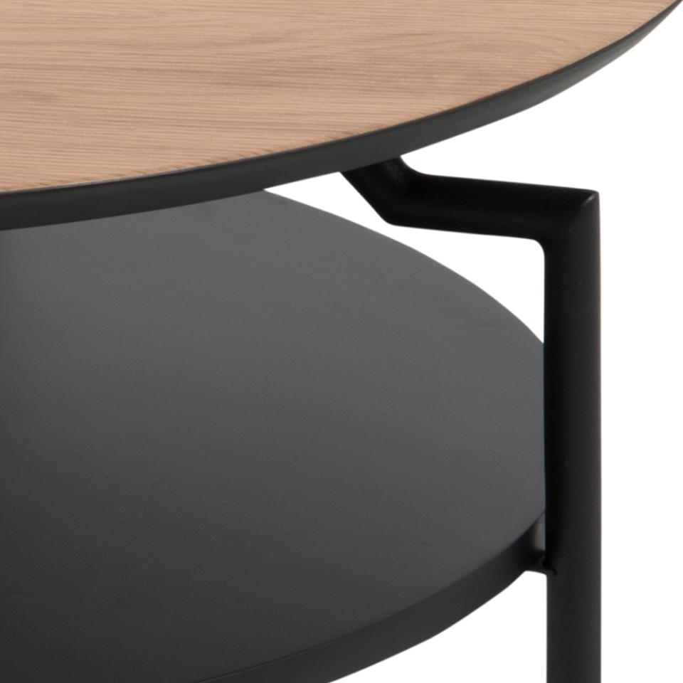 Goldington Coffee Table Round With Oak Top, Black Shelf And Metal Base 80cm