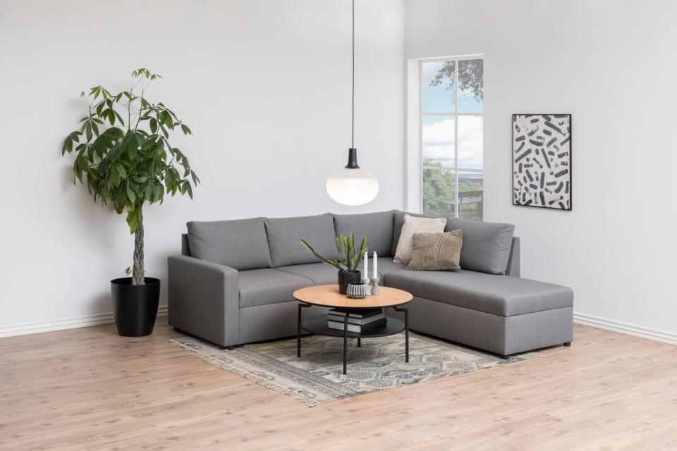 Goldington Coffee Table Round With Oak Top, Black Shelf And Metal Base 80cm